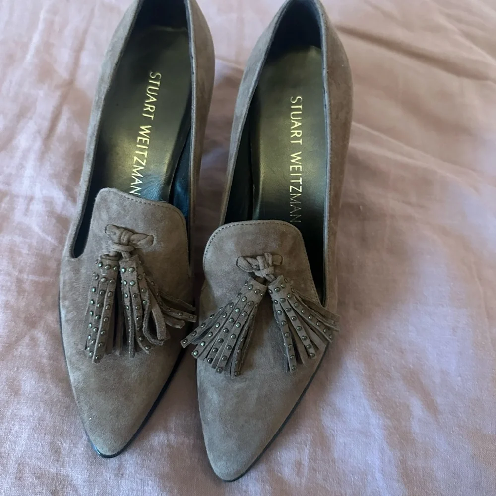 Stuart Weizman Broom Tassel Suede Block-heel Pumps size 5 1/2 M - Picture 2 of 5